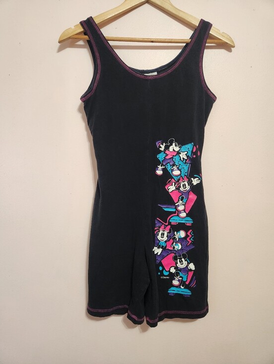 Disney Pants - Vintage 90s Mickey & Co Neon Graphic Workout Biker Short Romper Unitard Catsuit